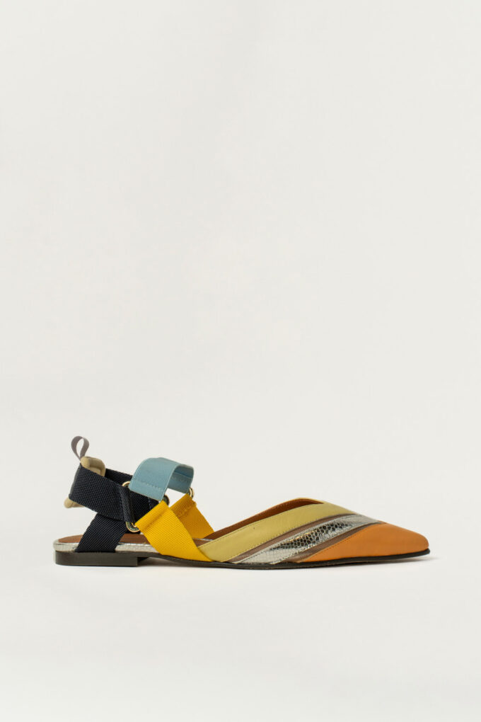 Slingback Plano Elba Azul Mostaza Plata