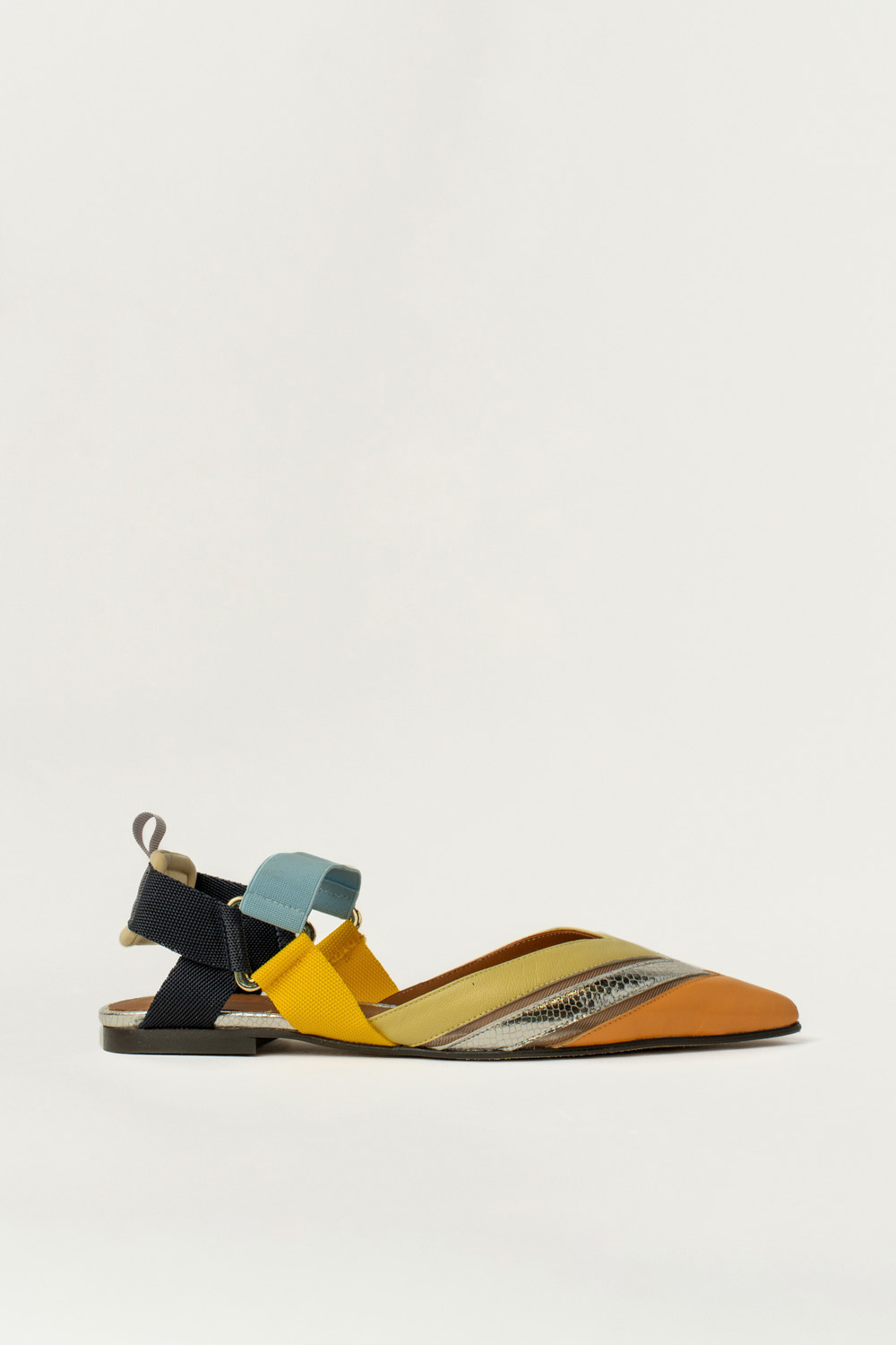 Slingback Plano Elba Azul Mostaza Plata