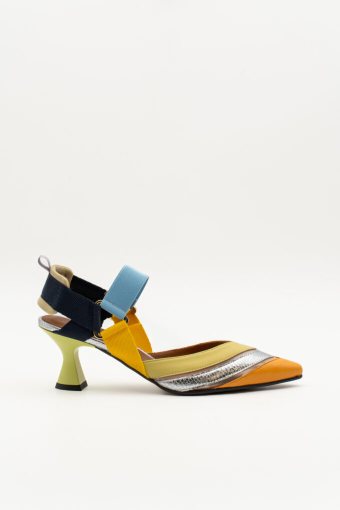 Slingback de tacón medio Elba azul mostaza plata